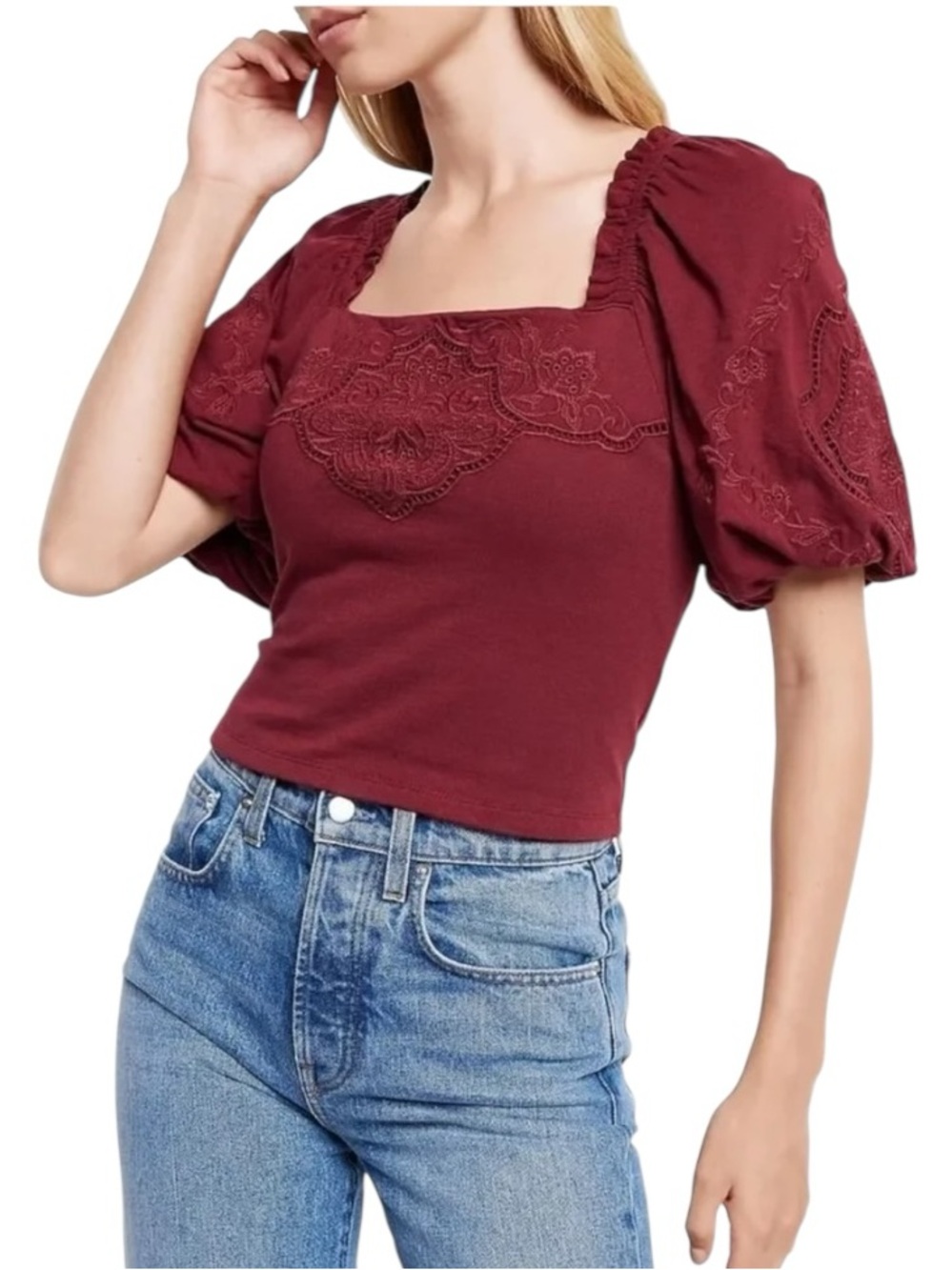 Express Embroidered Puff Sleeve Top Burgundy Cotton Square Neck Cottagecore L